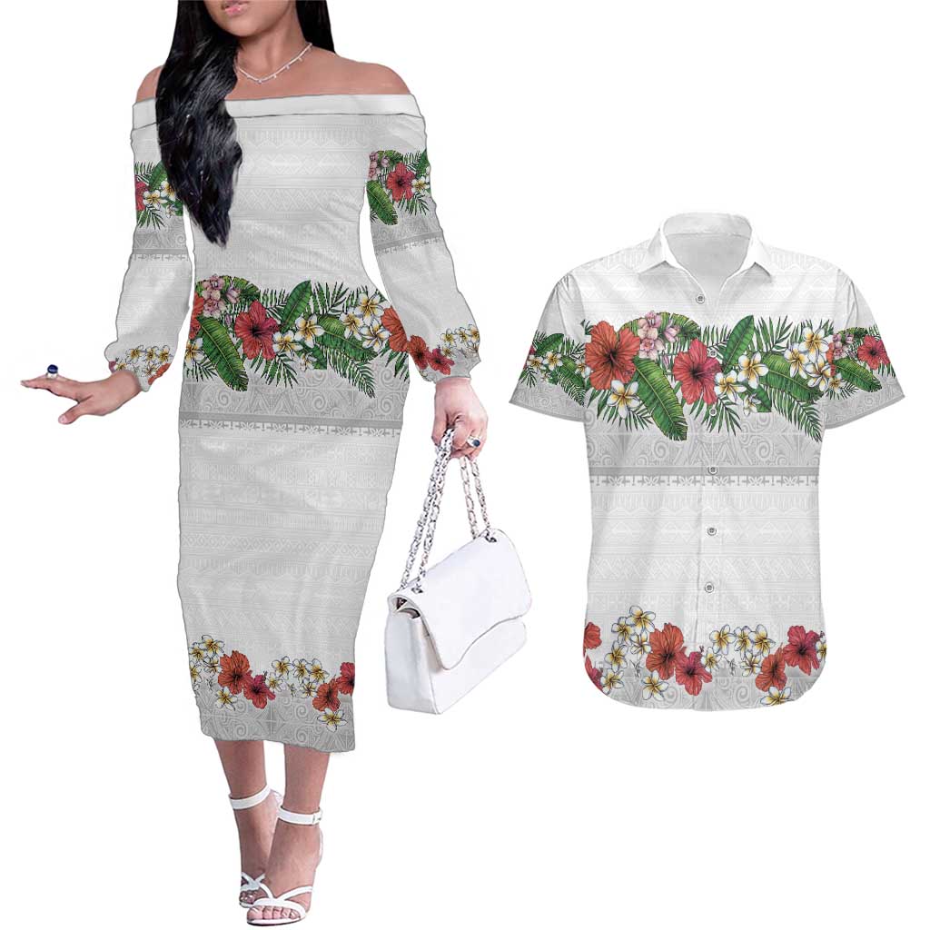 Hawaiian Tropical Flowers and Tribal Polynesian Tattoo Couples Matching Off The Shoulder Long Sleeve Dress and Hawaiian Shirt White Color LT03 White - Polynesian Pride