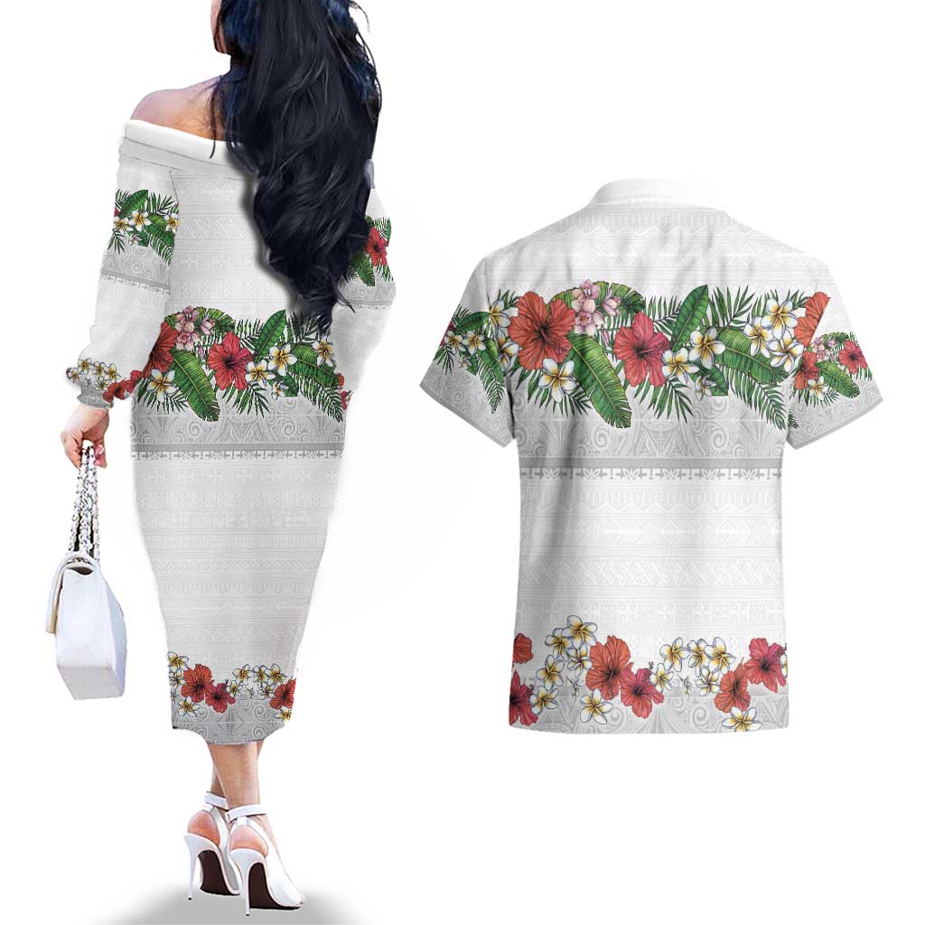 Hawaiian Tropical Flowers and Tribal Polynesian Tattoo Couples Matching Off The Shoulder Long Sleeve Dress and Hawaiian Shirt White Color