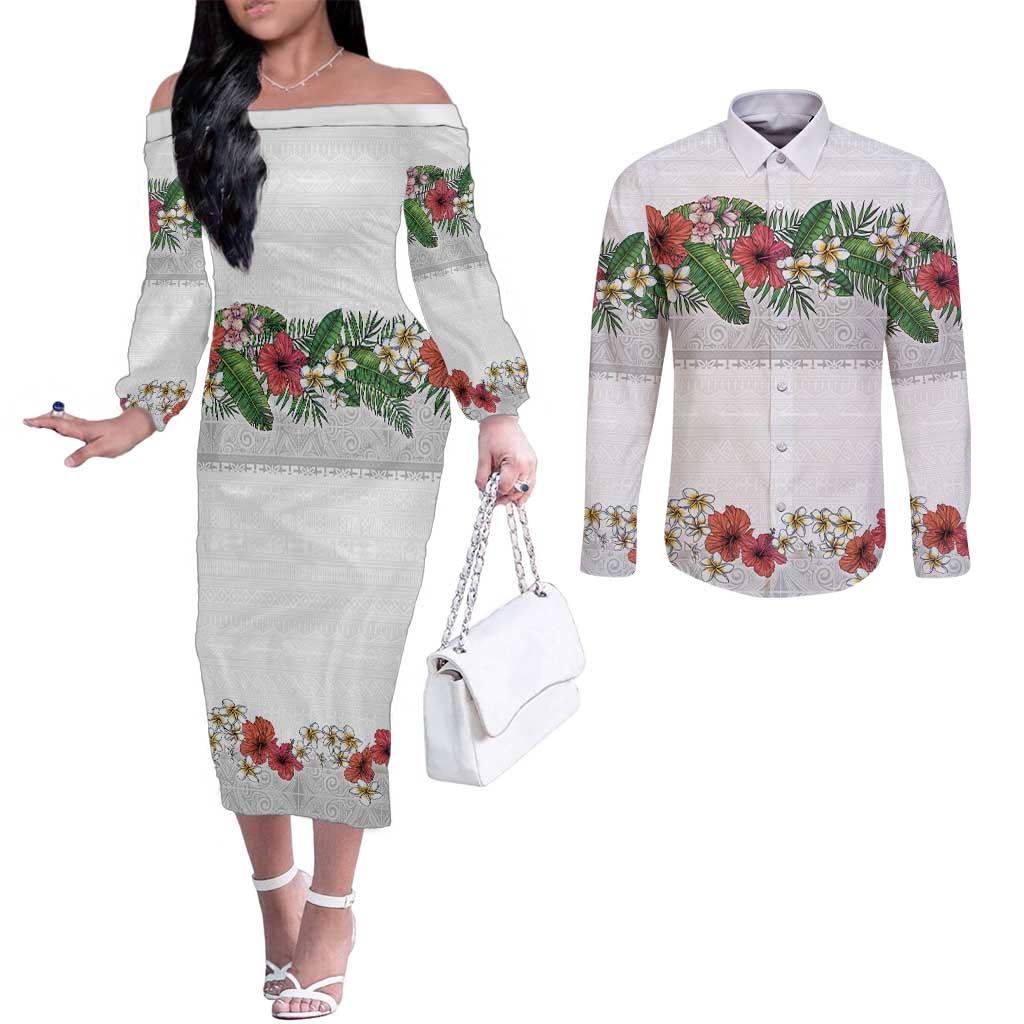 Hawaiian Tropical Flowers and Tribal Polynesian Tattoo Couples Matching Off The Shoulder Long Sleeve Dress and Long Sleeve Button Shirt White Color LT03 White - Polynesian Pride