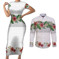 Hawaiian Tropical Flowers and Tribal Polynesian Tattoo Couples Matching Short Sleeve Bodycon Dress and Long Sleeve Button Shirt White Color LT03 White - Polynesian Pride