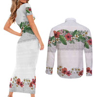 Hawaiian Tropical Flowers and Tribal Polynesian Tattoo Couples Matching Short Sleeve Bodycon Dress and Long Sleeve Button Shirt White Color LT03 - Polynesian Pride