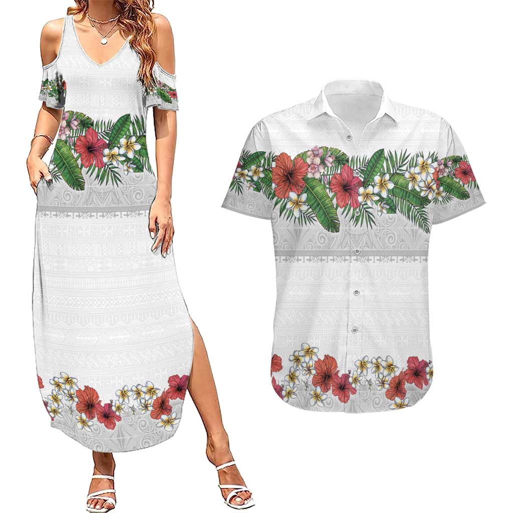 Hawaiian Tropical Flowers and Tribal Polynesian Tattoo Couples Matching Summer Maxi Dress and Hawaiian Shirt White Color LT03 White - Polynesian Pride
