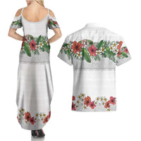 Hawaiian Tropical Flowers and Tribal Polynesian Tattoo Couples Matching Summer Maxi Dress and Hawaiian Shirt White Color LT03 - Polynesian Pride