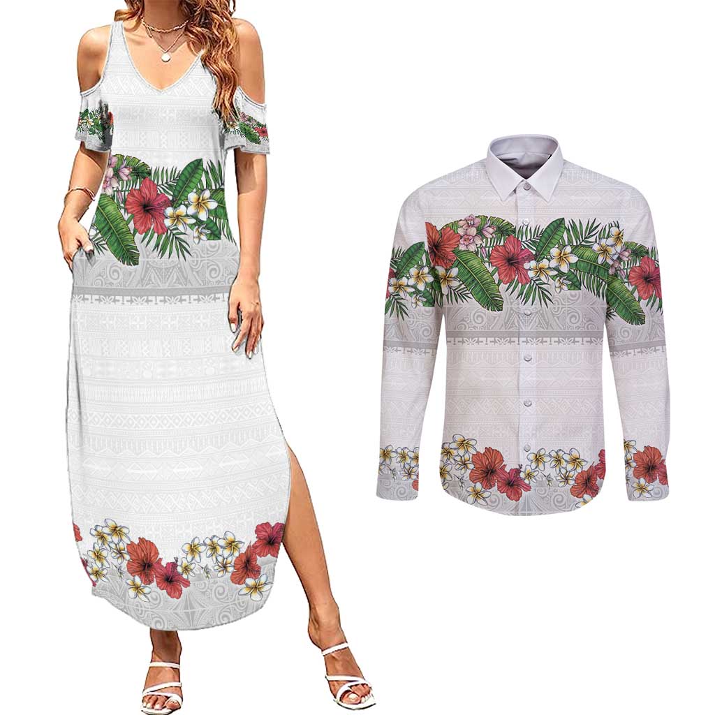 Hawaiian Tropical Flowers and Tribal Polynesian Tattoo Couples Matching Summer Maxi Dress and Long Sleeve Button Shirt White Color LT03 White - Polynesian Pride