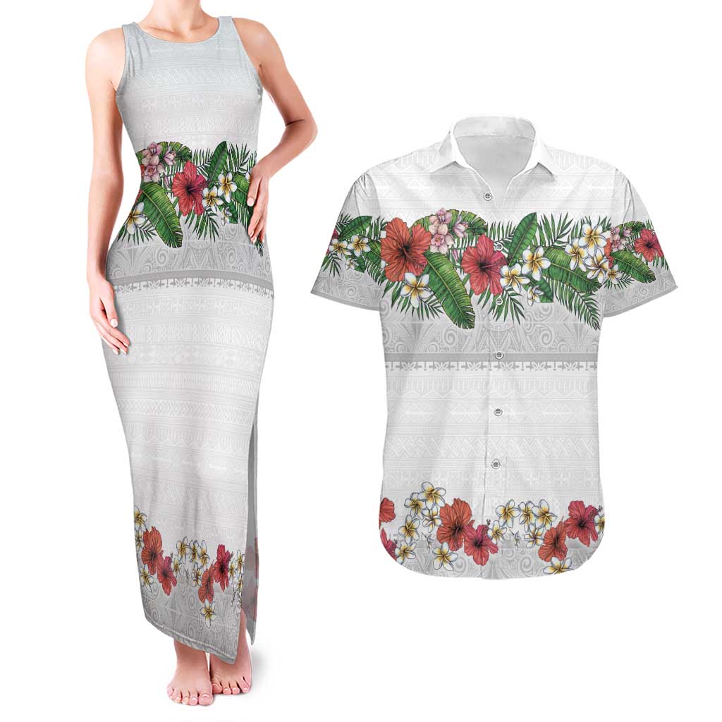 Hawaiian Tropical Flowers and Tribal Polynesian Tattoo Couples Matching Tank Maxi Dress and Hawaiian Shirt White Color LT03 White - Polynesian Pride