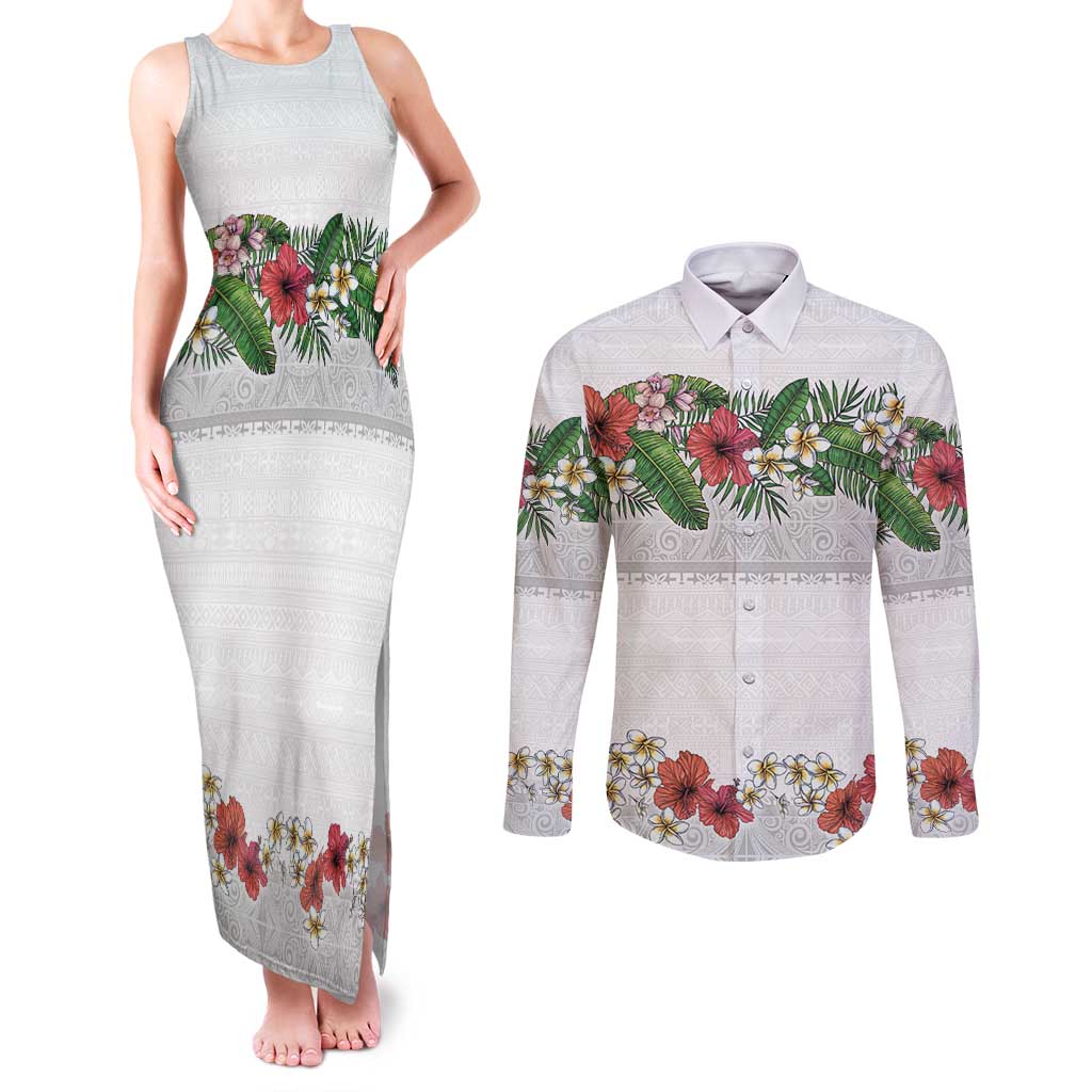 Hawaiian Tropical Flowers and Tribal Polynesian Tattoo Couples Matching Tank Maxi Dress and Long Sleeve Button Shirt White Color LT03 White - Polynesian Pride