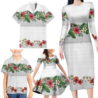 Hawaiian Tropical Flowers and Tribal Polynesian Tattoo Family Matching Long Sleeve Bodycon Dress and Hawaiian Shirt White Color