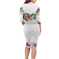 Hawaiian Tropical Flowers and Tribal Polynesian Tattoo Family Matching Long Sleeve Bodycon Dress and Hawaiian Shirt White Color