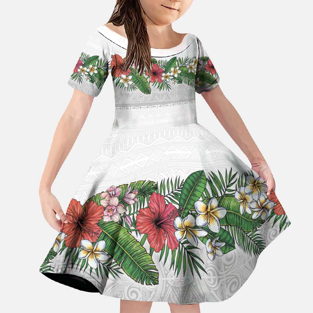 Hawaiian Tropical Flowers and Tribal Polynesian Tattoo Family Matching Mermaid Dress and Hawaiian Shirt White Color LT03 Daughter's Dress White - Polynesian Pride