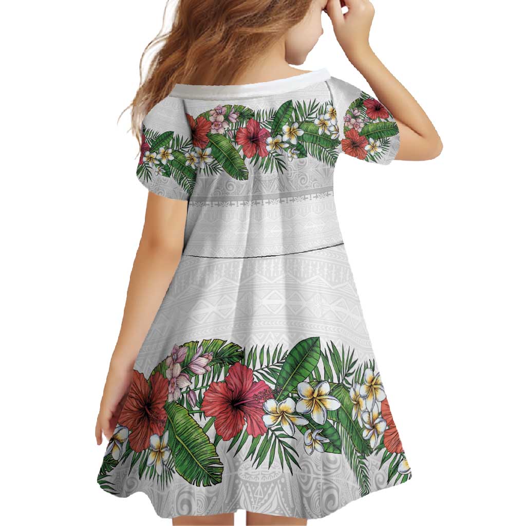 Hawaiian Tropical Flowers and Tribal Polynesian Tattoo Family Matching Mermaid Dress and Hawaiian Shirt White Color LT03 - Polynesian Pride