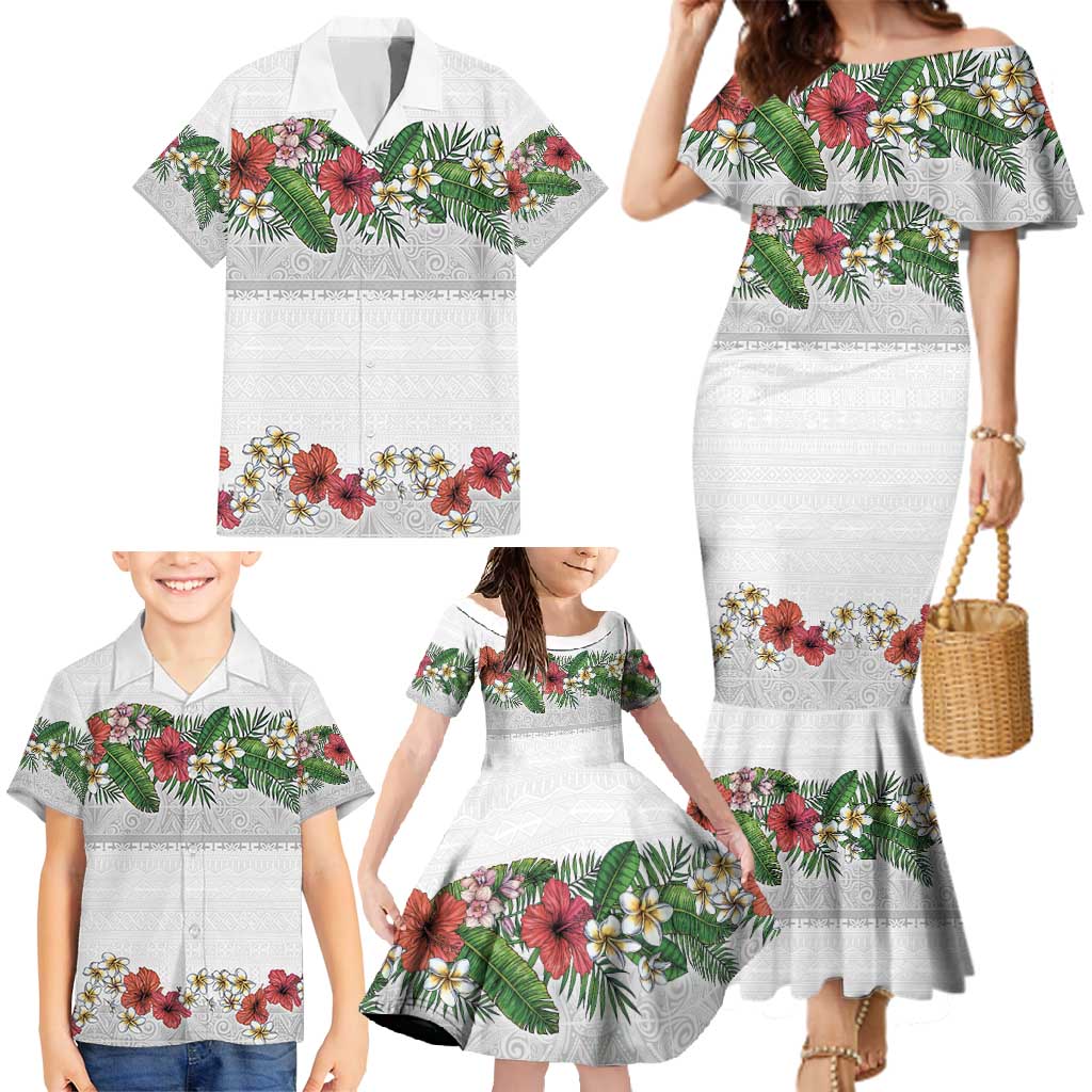 Hawaiian Tropical Flowers and Tribal Polynesian Tattoo Family Matching Mermaid Dress and Hawaiian Shirt White Color LT03 - Polynesian Pride