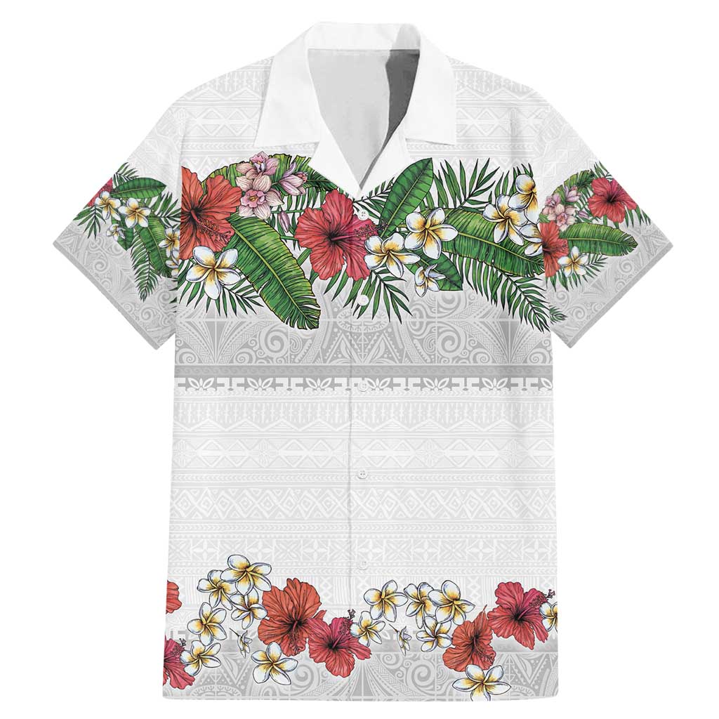 Hawaiian Tropical Flowers and Tribal Polynesian Tattoo Family Matching Mermaid Dress and Hawaiian Shirt White Color LT03 Dad's Shirt - Short Sleeve White - Polynesian Pride
