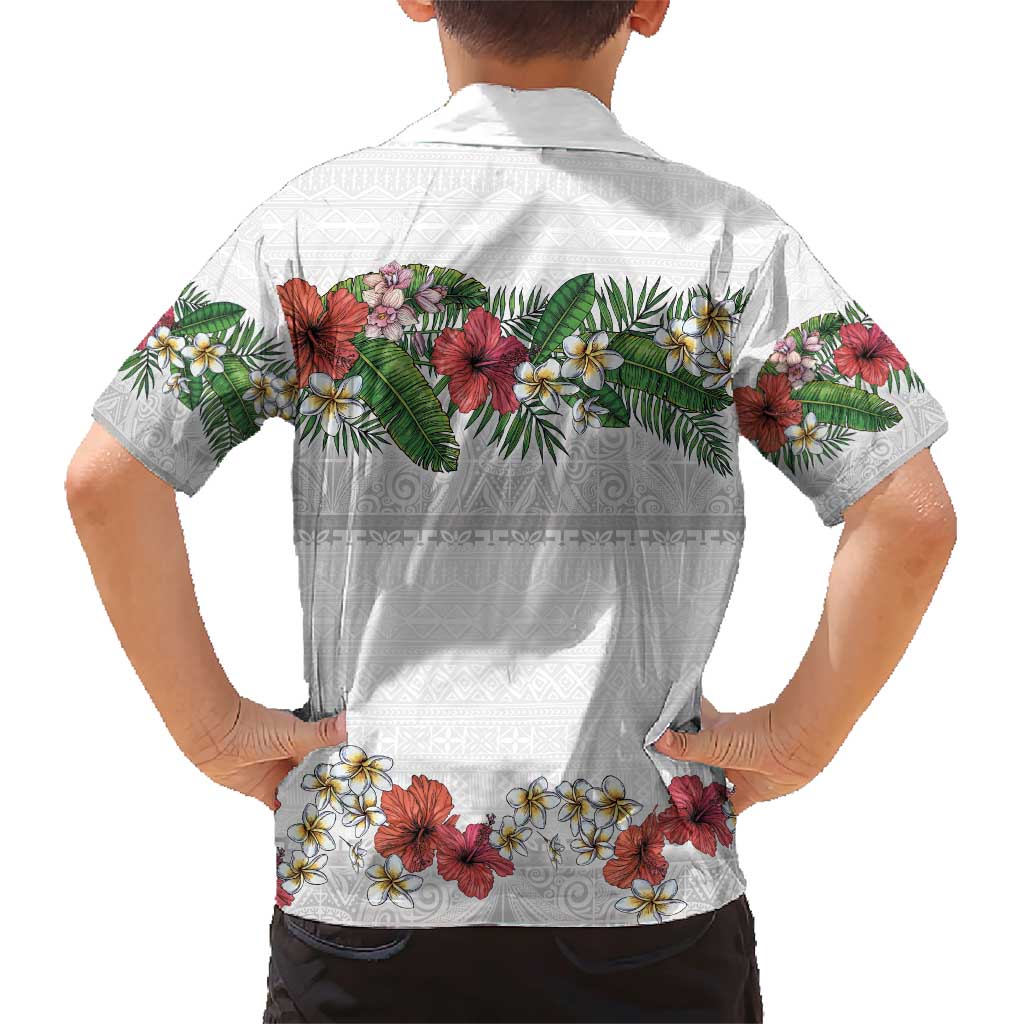 Hawaiian Tropical Flowers and Tribal Polynesian Tattoo Family Matching Short Sleeve Bodycon Dress and Hawaiian Shirt White Color LT03 - Polynesian Pride