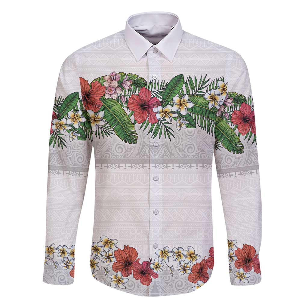 Hawaiian Tropical Flowers and Tribal Polynesian Tattoo Family Matching Short Sleeve Bodycon Dress and Hawaiian Shirt White Color LT03 Dad's Shirt - Long Sleeve White - Polynesian Pride