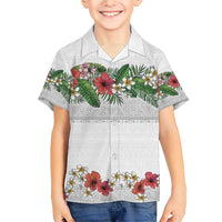 Hawaiian Tropical Flowers and Tribal Polynesian Tattoo Family Matching Short Sleeve Bodycon Dress and Hawaiian Shirt White Color LT03 Son's Shirt White - Polynesian Pride