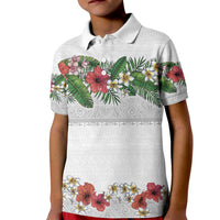 Hawaiian Tropical Flowers and Tribal Polynesian Tattoo Kid Polo Shirt White Color