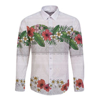 Hawaiian Tropical Flowers and Tribal Polynesian Tattoo Long Sleeve Button Shirt White Color LT03 Unisex White - Polynesian Pride