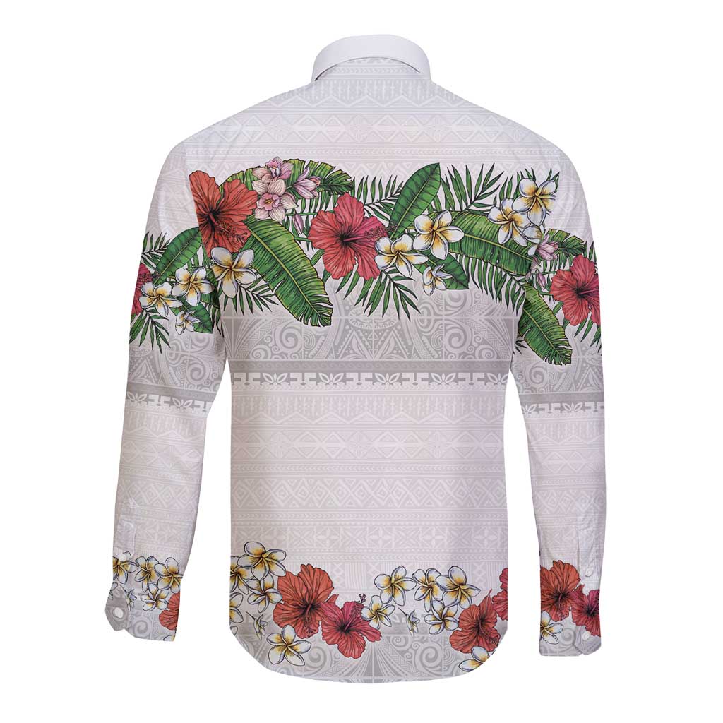 Hawaiian Tropical Flowers and Tribal Polynesian Tattoo Long Sleeve Button Shirt White Color LT03 - Polynesian Pride