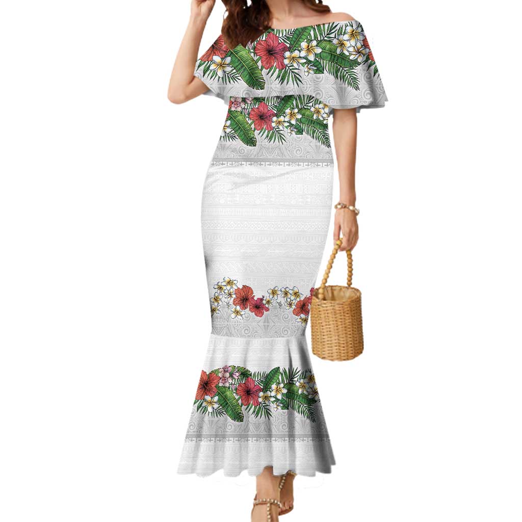 Hawaiian Tropical Flowers and Tribal Polynesian Tattoo Mermaid Dress White Color