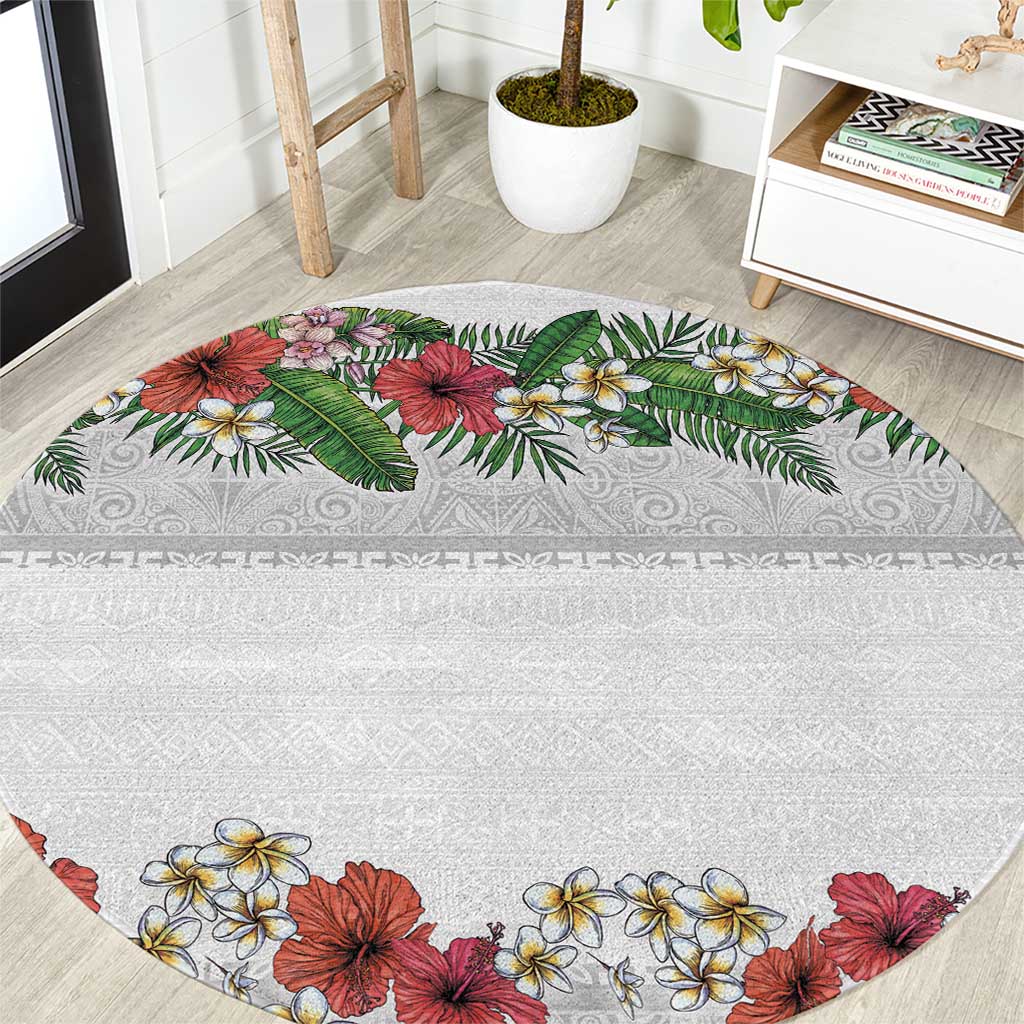 Hawaiian Tropical Flowers and Tribal Polynesian Tattoo Round Carpet White Color LT03 White - Polynesian Pride