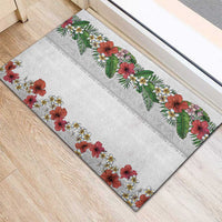 Hawaiian Tropical Flowers and Tribal Polynesian Tattoo Rubber Doormat White Color