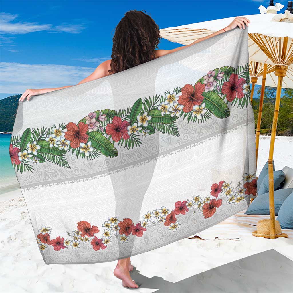 Hawaiian Tropical Flowers and Tribal Polynesian Tattoo Sarong White Color LT03 One Size 44 x 66 inches White - Polynesian Pride