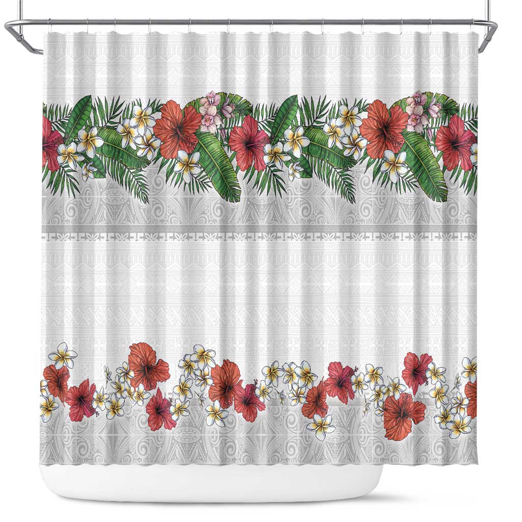 Hawaiian Tropical Flowers and Tribal Polynesian Tattoo Shower Curtain White Color LT03 White - Polynesian Pride