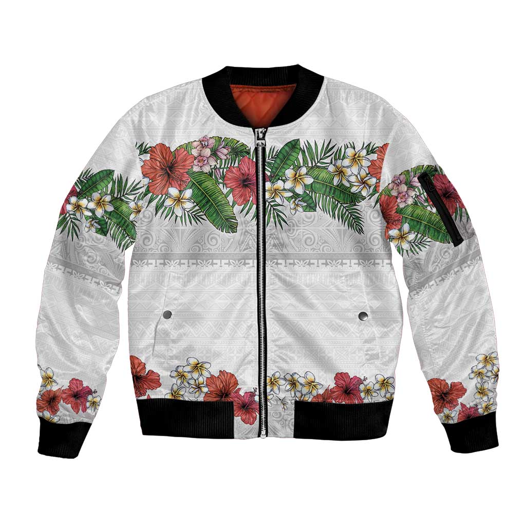 Hawaiian Tropical Flowers and Tribal Polynesian Tattoo Sleeve Zip Bomber Jacket White Color LT03 Unisex White - Polynesian Pride