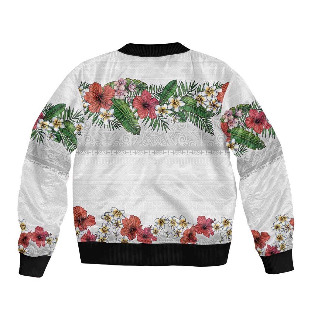 Hawaiian Tropical Flowers and Tribal Polynesian Tattoo Sleeve Zip Bomber Jacket White Color LT03 - Polynesian Pride