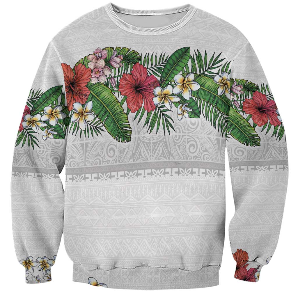 Hawaiian Tropical Flowers and Tribal Polynesian Tattoo Sweatshirt White Color LT03 Unisex White - Polynesian Pride