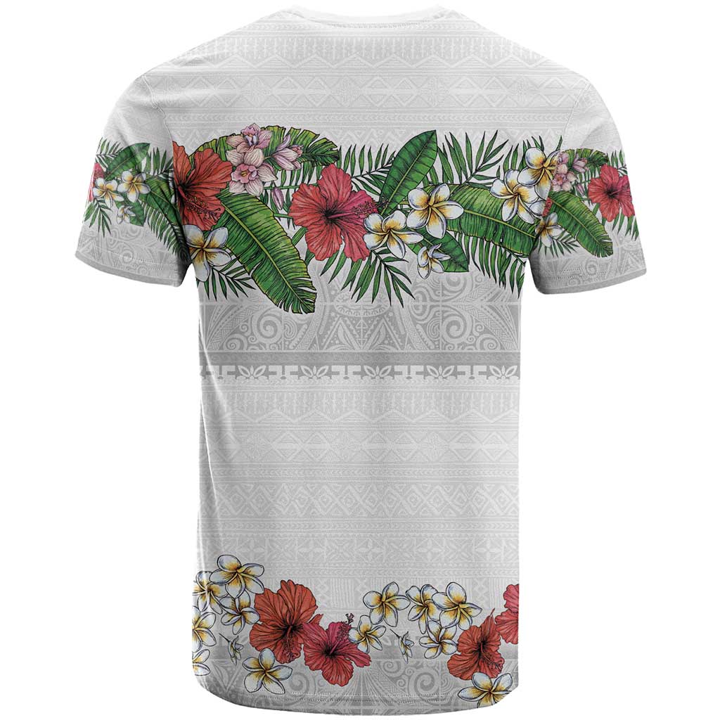 Hawaiian Tropical Flowers and Tribal Polynesian Tattoo T Shirt White Color