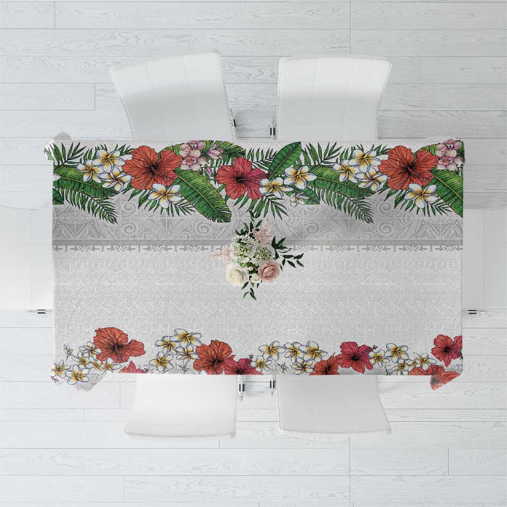 Hawaiian Tropical Flowers and Tribal Polynesian Tattoo Tablecloth White Color LT03 White - Polynesian Pride