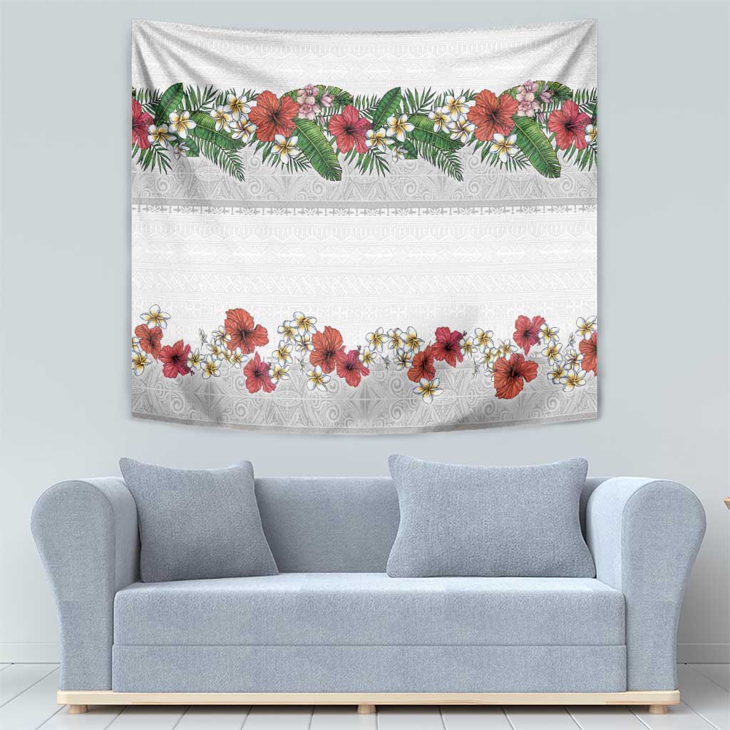 Hawaiian Tropical Flowers and Tribal Polynesian Tattoo Tapestry White Color