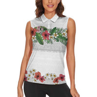 Hawaiian Tropical Flowers and Tribal Polynesian Tattoo Women Sleeveless Polo Shirt White Color