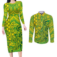 Cook Islands Vaa Polynesian Art Tattoo Couples Matching Long Sleeve Bodycon Dress and Long Sleeve Button Shirt National Color