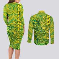 Cook Islands Vaa Polynesian Art Tattoo Couples Matching Long Sleeve Bodycon Dress and Long Sleeve Button Shirt National Color