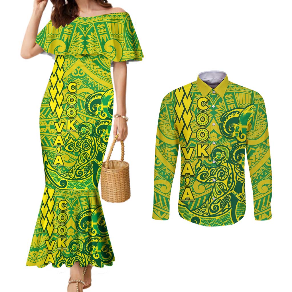 Cook Islands Vaa Polynesian Art Tattoo Couples Matching Mermaid Dress and Long Sleeve Button Shirt National Color