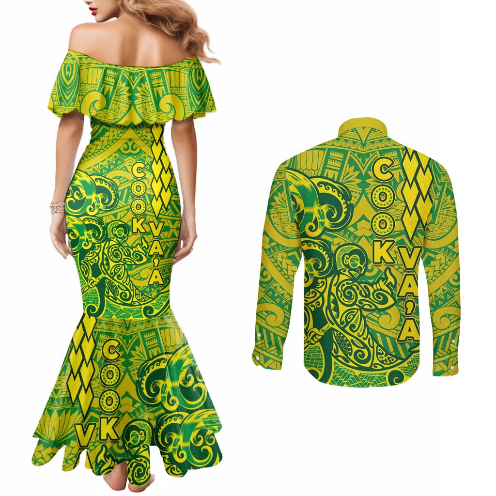 Cook Islands Vaa Polynesian Art Tattoo Couples Matching Mermaid Dress and Long Sleeve Button Shirt National Color