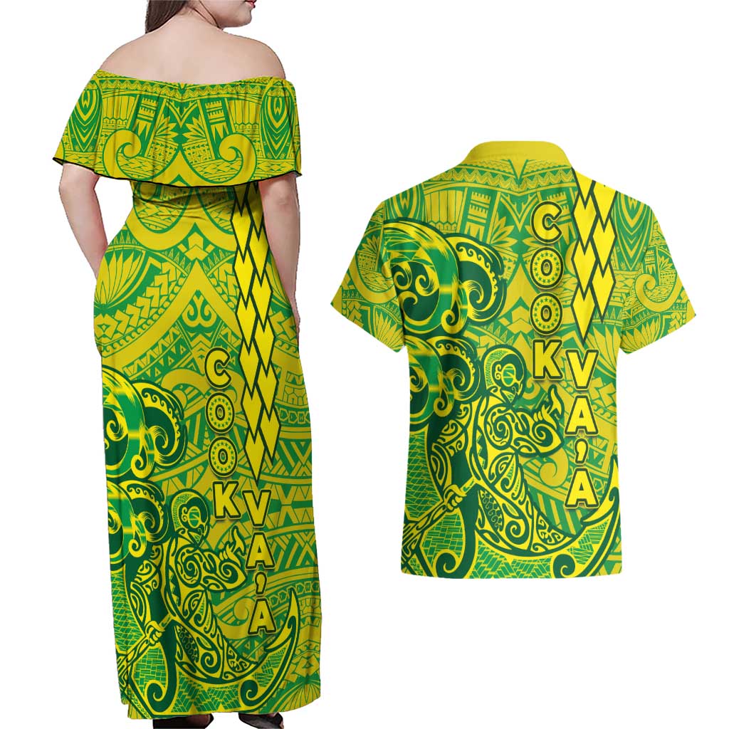 Cook Islands Vaa Polynesian Art Tattoo Couples Matching Off Shoulder Maxi Dress and Hawaiian Shirt National Color