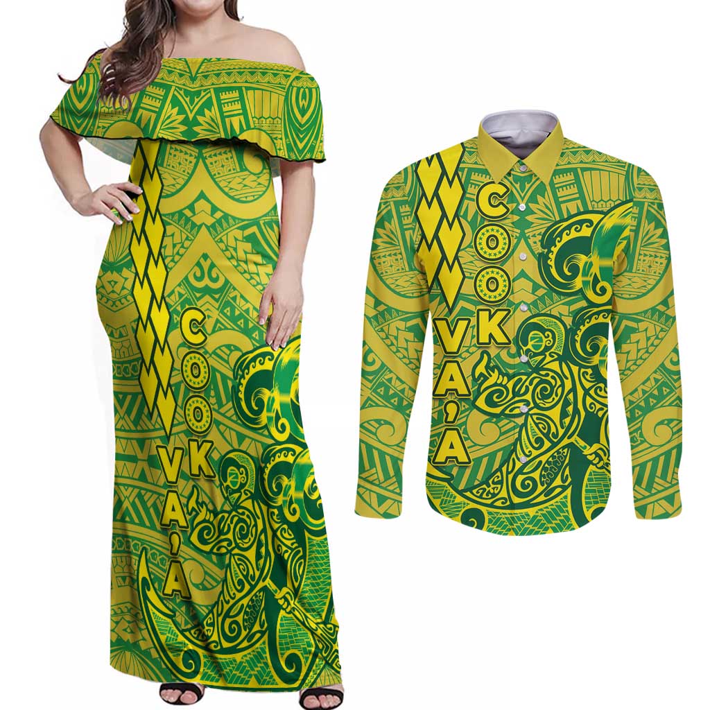 Cook Islands Vaa Polynesian Art Tattoo Couples Matching Off Shoulder Maxi Dress and Long Sleeve Button Shirt National Color