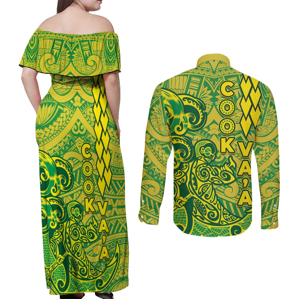 Cook Islands Vaa Polynesian Art Tattoo Couples Matching Off Shoulder Maxi Dress and Long Sleeve Button Shirt National Color