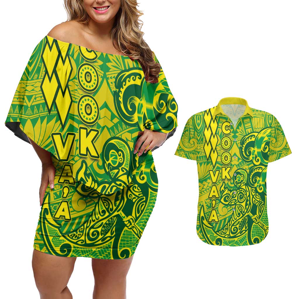 Cook Islands Vaa Polynesian Art Tattoo Couples Matching Off Shoulder Short Dress and Hawaiian Shirt National Color