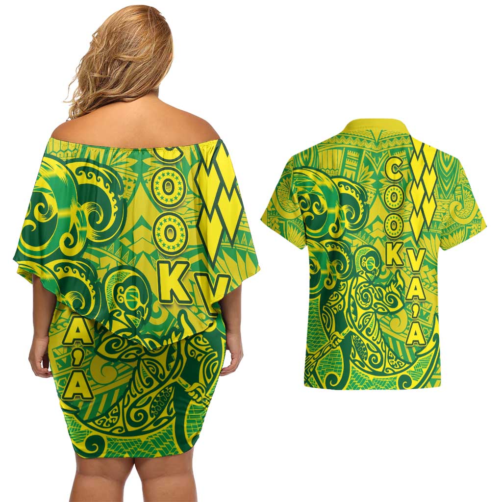 Cook Islands Vaa Polynesian Art Tattoo Couples Matching Off Shoulder Short Dress and Hawaiian Shirt National Color