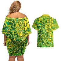 Cook Islands Vaa Polynesian Art Tattoo Couples Matching Off Shoulder Short Dress and Hawaiian Shirt National Color