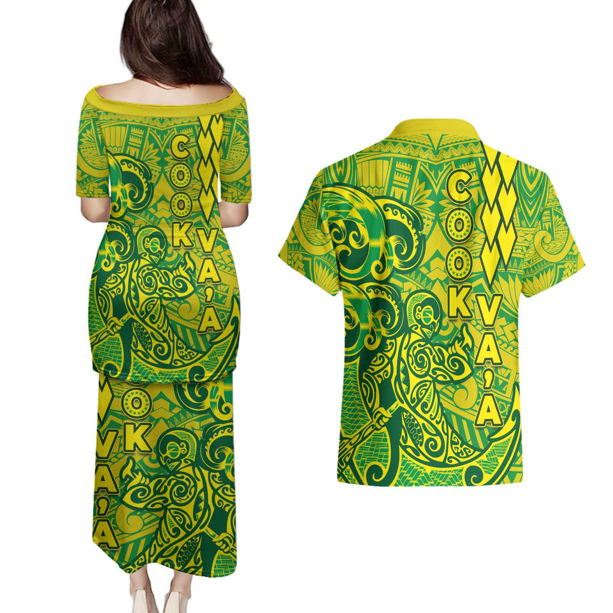 Cook Islands Vaa Polynesian Art Tattoo Couples Matching Puletasi and Hawaiian Shirt National Color