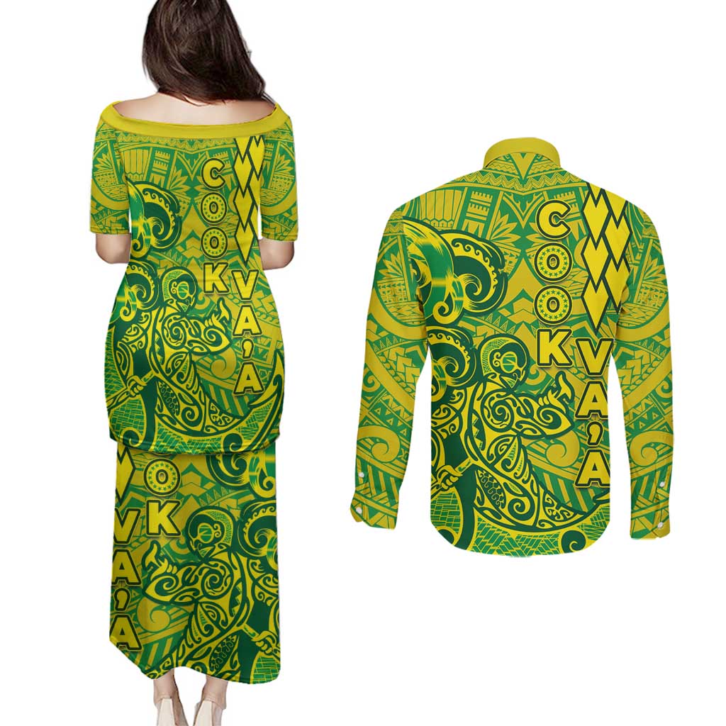 Cook Islands Vaa Polynesian Art Tattoo Couples Matching Puletasi and Long Sleeve Button Shirt National Color