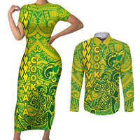 Cook Islands Vaa Polynesian Art Tattoo Couples Matching Short Sleeve Bodycon Dress and Long Sleeve Button Shirt National Color