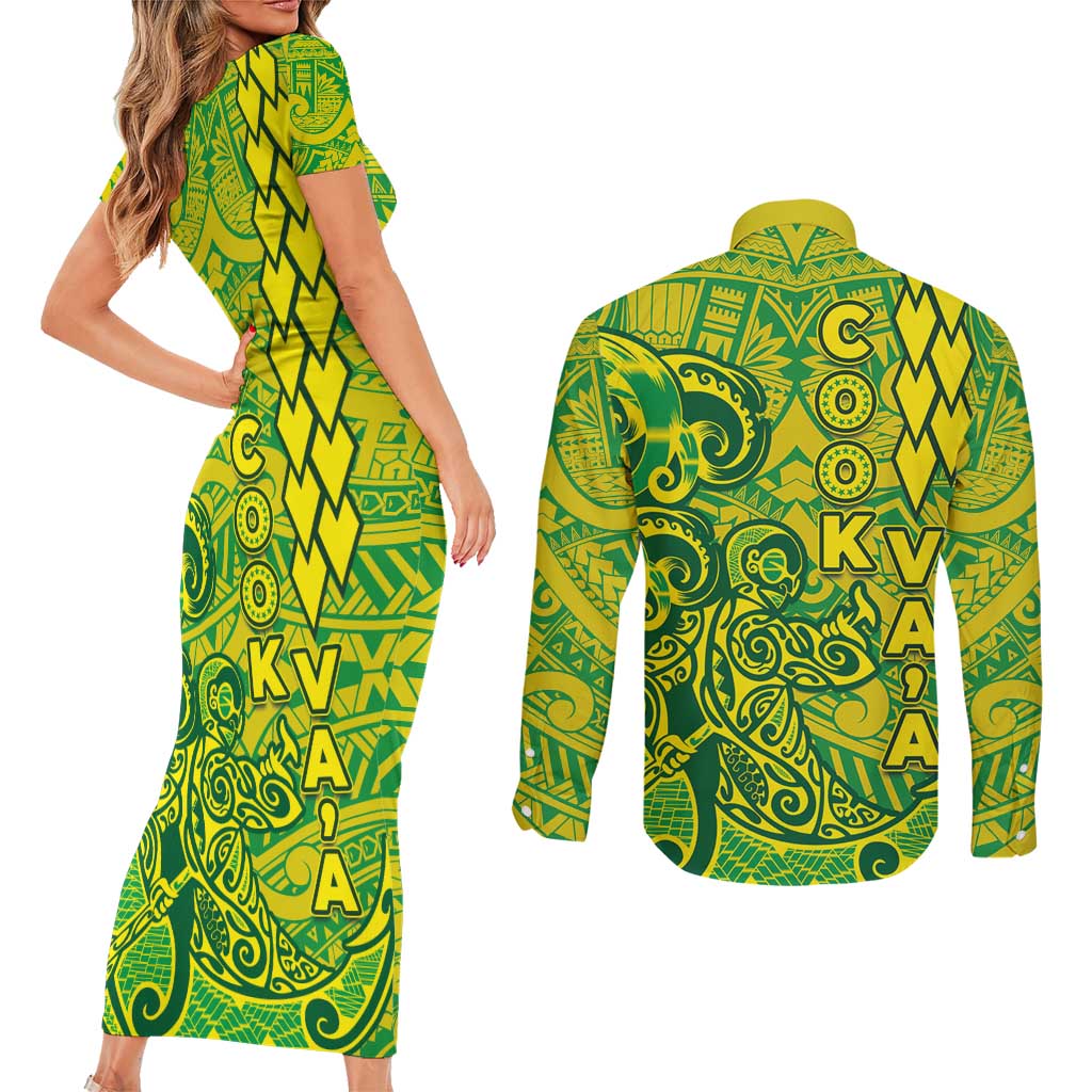 Cook Islands Vaa Polynesian Art Tattoo Couples Matching Short Sleeve Bodycon Dress and Long Sleeve Button Shirt National Color
