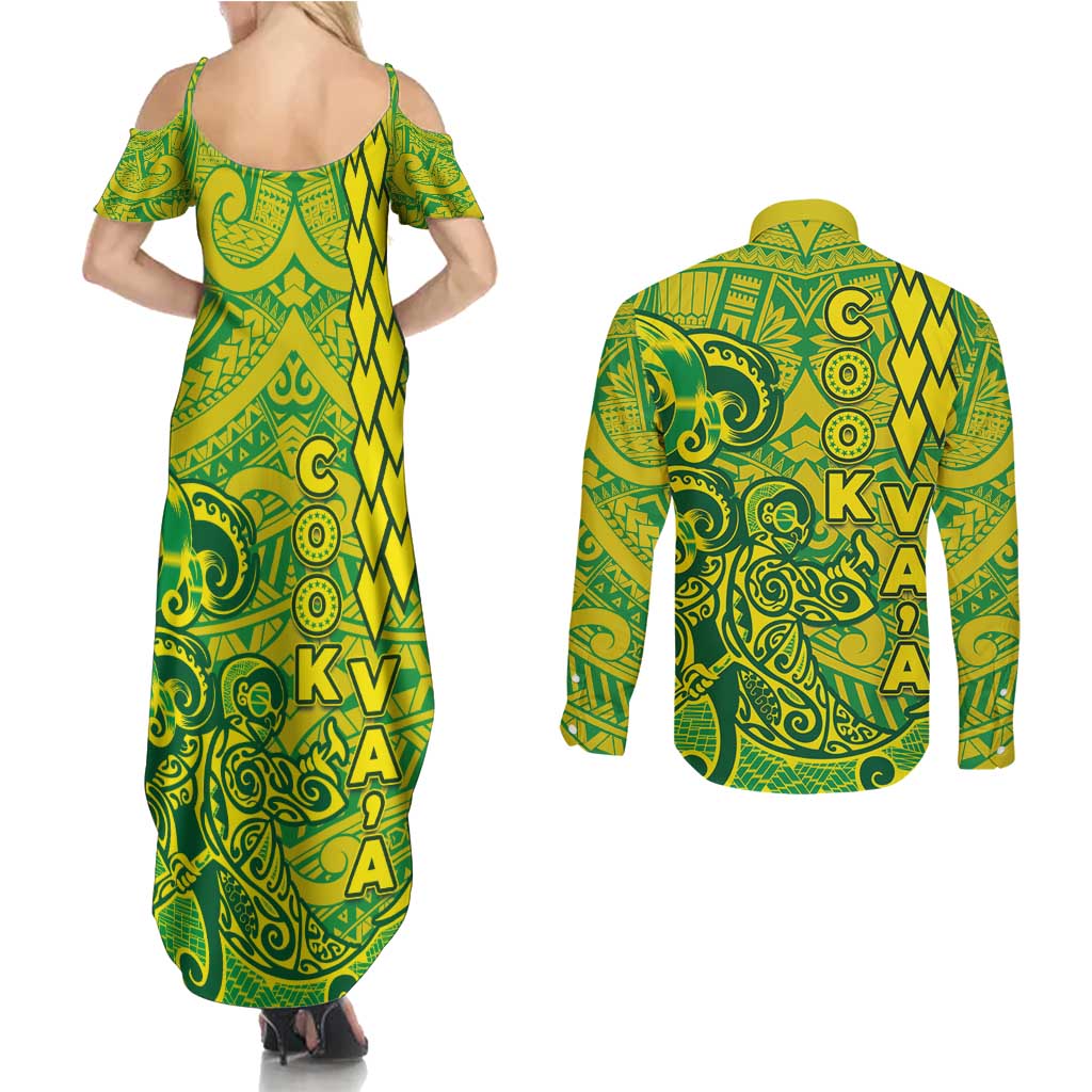 Cook Islands Vaa Polynesian Art Tattoo Couples Matching Summer Maxi Dress and Long Sleeve Button Shirt National Color