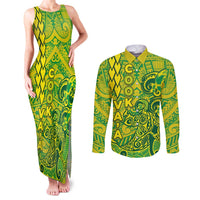 Cook Islands Vaa Polynesian Art Tattoo Couples Matching Tank Maxi Dress and Long Sleeve Button Shirt National Color